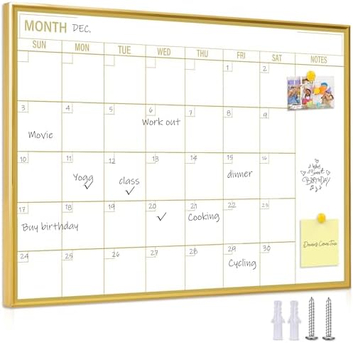 Golden Monthly Dry Erase Calendar Whiteboard for wall-16"X12" Portable Aluminum Frame,Magnetic Calendar White Board,Wall Planner Dry Erase Board for Office, Kitchen, School, Home-GG