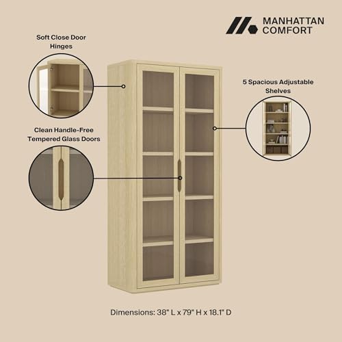 Manhattan Comfort Rivington 5-Shelf Bookshelf with Soft Close Glass Door, 79" Tall Bookcase Handle-Free, Adjustable Shelves, Storage Cabinet for Living Room, Bedroom, or Office Set of 2 in Natural Oak