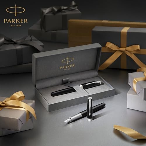 PARKER Sonnet Fountain Pen Premium Metal and Blue Satin Finish with Chrome Trim Fine 18k Gold Nib with Black Ink Cartridge Gift Box