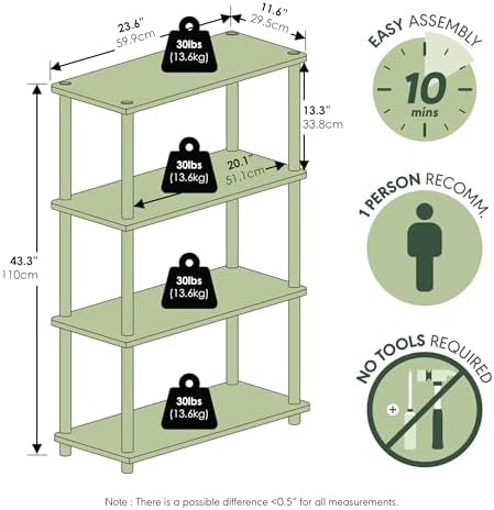 Furinno Turn-N-Tube Storage Shelves, 4-Tier Toolless Book Shelf, Corner Shelf, Toolless Open Shelves, for Organization and Storage, Living Room, Garage, Home Office, Amber Pine