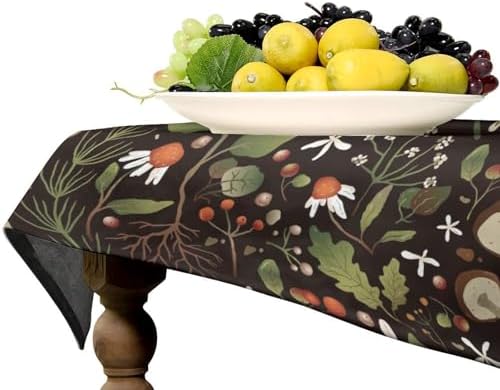 Wild Mushrooms Tablecloth, Rustic Chamomile Flowers Herbs Plants Retro Botanical Mushroom Natural Print Table Cover for Kitchen Dining Room Picnic Camping Indoor Outdoor 55x55in
