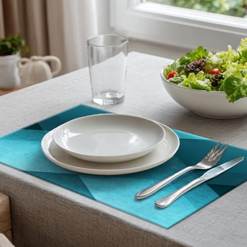 Batmerry Teal Modern Geometric Placemats, Vintage Washable Linen Table Mats for Kitchen Table Double Insulation Decor Dining Set Indoor Outdoor 12X18 in Set of 8