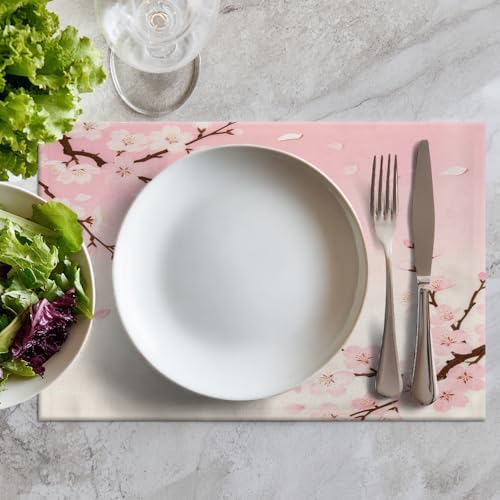 Batmerry Pink Cherry Blossom Linen Placemats Set of 6, Delicate Spring Blossoms Washable Table Mats for Kitchen Table Thickened Heat Insulation Dining Set Indoor Outdoor 12X18 in