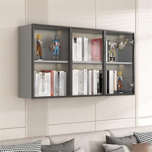 Wall Hanging Lateral Filing/Vertical Timber Wall Unit Transparent Glass Door Shelf Wall-Mounted Wood Bookcase Action Figure Model Storage Cabinet Display Case Grey 47" L x 10" W x 26" H