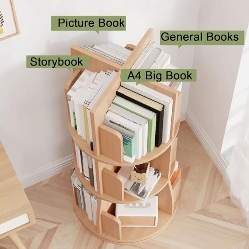 GAMAK Rotating Bookshelf Tower for Kids 360 Display 2-4 Tier Floor Standing Bookcase Revolving Bookcase Tower Small Corner Bookshelf for Small Space (Color : Wood, Size : Square_Two)