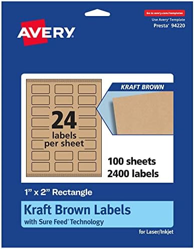 Avery® Kraft Brown Rectangle Labels, Sure Feed® Technology, 1" x 2", 2,400 Kraft Brown Labels, Print-to-The-Edge, Laser/Inkjet Printable