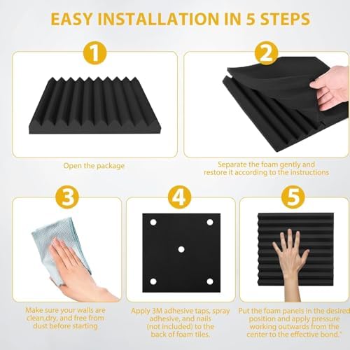 70 Pack Acoustic Foam Panels, 1" x 12"x 12" Sound Proof Foam Panels For Wall Fire Resistant, Noise Cancelling Dampening Sound Absorbing Black Wedge Panels For Studio Recording & Office & Home