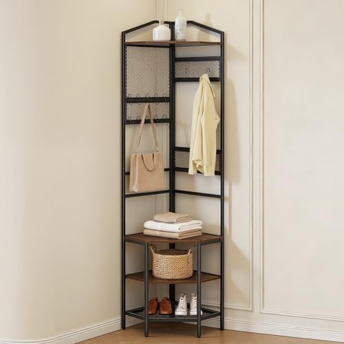 VEVOR Corner Hall Tree, 71.3 in Coat Rack with Hooks, Top Shelf & Steel Frame, Freestanding Clothes Shoes Rack Storage Organizer with Anti-Tip Set, Adjustable Non-Slip Feet for Entrance Closet Office
