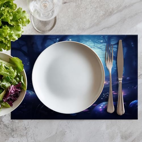 Batmerry Night Forest Glowing Elements Linen Placemats Set of 4, Mysterious Night Forest Scene Washable Table Mats for Kitchen Table Thickened Heat Insulation Dining Set Indoor Outdoor 12X18 in