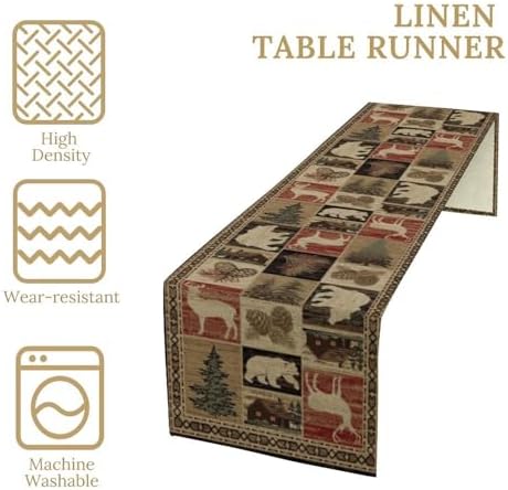 Rustic Bear Table Runner, Vintage Cottage Country Style Pine Tree Elk Wildlife Dinner Runner for Home Kitchen Dining Table Decoration 13"x90"