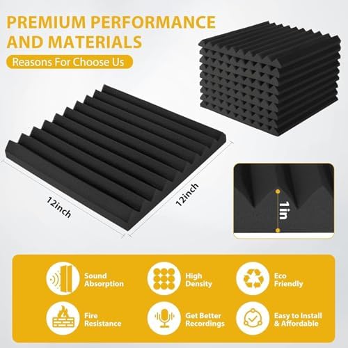 70 Pack Acoustic Foam Panels, 1" x 12"x 12" Sound Proof Foam Panels For Wall Fire Resistant, Noise Cancelling Dampening Sound Absorbing Black Wedge Panels For Studio Recording & Office & Home