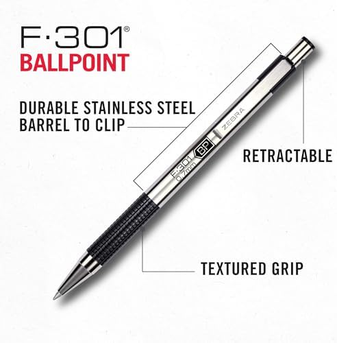 Zebra Pen STEEL F-301 Retractable Ballpoint Pen, Black Ink, 0.7mm, 6-Pack