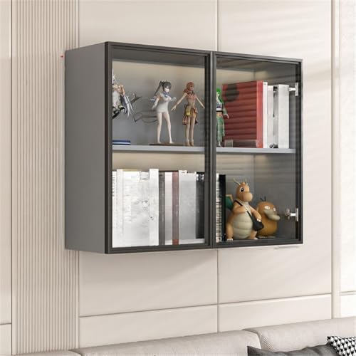 Wall Hanging Lateral Filing/Vertical Timber Wall Unit Transparent Glass Door Shelf Wall-Mounted Wood Bookcase Action Figure Model Storage Cabinet Display Case Grey 24" L x 10" W x 26" H