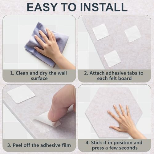 Hexagon Cork Board for Walls Decor, 8 Pack Felt Bulletin Board Tiles with 30 Pushpins, 50 Adhesive Tabs, 12" Pin Board Felt Board for Office & Home Classroom, Notes Photos and DIY Decor