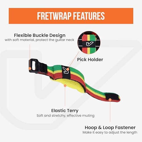 Gruv Gear Fret Wrap & Guitar Mute, Fretwrap for Acoustic, Electric & Bass | String Dampener Recording, Tapping & Practice Accessory (1 Pack, Medium Red/Yellow/Green, Fits 5 String Bass, 7 String