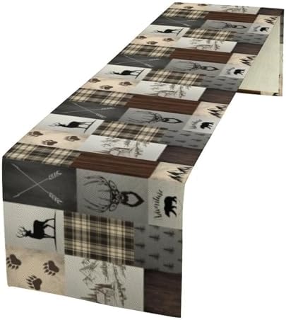 Rustic Cabin Moose Deer Bear Table Runner, Retro Vintage Bear Cottage Country Style Cabin Farmhouse Dinner Runner for Home Kitchen Dining Table Decoration 13"x108"