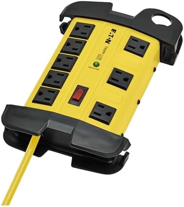 Tripp Lite Eaton TLM825SA Heavy Duty Power Strip with Surge Protection, 8 Outlets, 3900 Joules, Yellow Metal Housing, 25ft Cord, Keyhole Mounting Slots, Cord Wrap, Industrial Garage Work Shop Bench