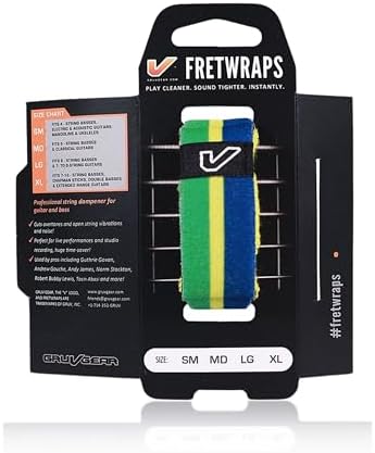 Gruv Gear Fret Wrap & Guitar Mute, Fretwrap for Acoustic, Electric & Bass | String Dampener Recording, Tapping & Practice Accessory (1 Pack, Medium Green/Yellow/Blue, Fits 5 String Bass, 7 String