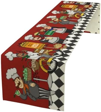 Retro Chef Table Runner,Farmhouse Burlap Table Runners for Party Wedding, Chef Decorations for The Kitchen, Chef Kitchen Decor 13x108in