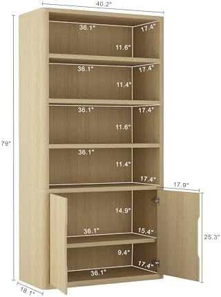 Manhattan Comfort Rivington 79" Inch Tall Modern Bookshelf with Soft Close Doors, Four Open Shelves,Two Adjustable Shelves, Bookcase Display Storage Cabinet for Living Room or Office in Natural Oak