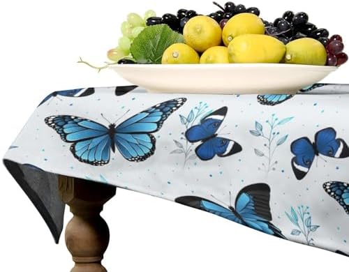 Blue Flying Butterfly Tablecloth, Vintage Celestial Butterfly Herbs Leaves Flower Print Table Cloth for Farmhouse Kitchen Party Picnic Dinner Decor 60x90in