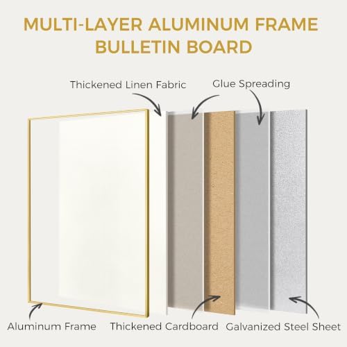 SELEAD Linen Bulletin Board 24” x 18” - Golden Aluminum Frame, Beige Fabric
