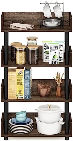 Furinno Turn-N-Tube 4-Tier Black Storage Shelves with Side Panels, Book Shelf, Display Shelf, for Organization and Storage, Living Room, Home Office, Black Walnut
