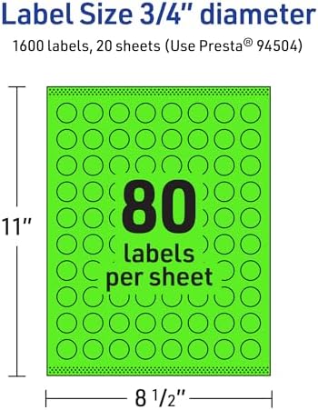 Avery Printable Round Labels, Sure Feed Technology, 3/4" Diameter, Neon Green Labels, Print-to-the-Edge, Laser/Inkjet, 1,600 Total, Great for Price Stickers and Mailing Seals