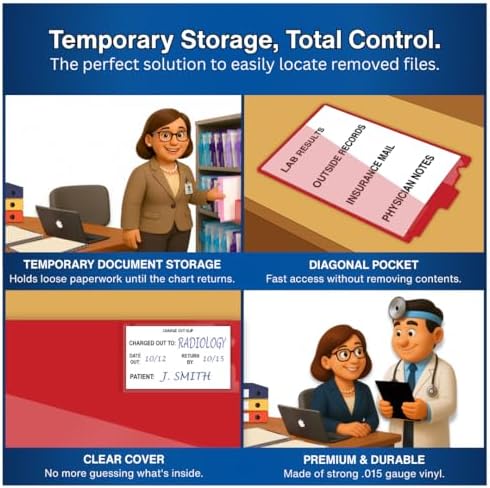 Doctor Stuff - Center Tab Vinyl Out Guides, Diagonal Cut Front Pocket, Top Charge Out Slip Pocket, Plastic File Folder, Letter Size 9" x 13-1/4", Red, 100/Box