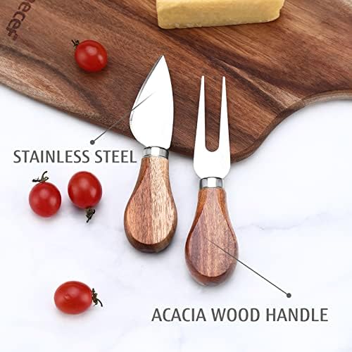 hecef Cheese Board set of 3,a Acacia Wood Cheese Plate, a Knife, a Fork, Charcuterie Board Platter Slate Serving Set for Appetizer Birthdays, Weddings, Housewarming (Cheese board with 2 knives)