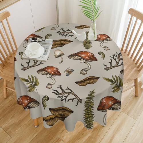 Vintage Woodland Mushroom Tablecloth, Nature Forest Plants Botanical Ferns Print Table Cloth for Farmhouse Kitchen Party Picnic Dinner Decor, 70x70in