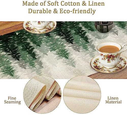 Green Forest Pine Trees Table Runner, Woodland Tabletop Scarf Home Kitchen Holiday Decor, Seasonal Farmhouse Rustic Dining Decorations Party Supply 13 X 120 Inch