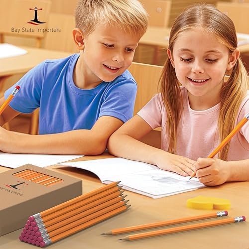 Bay State Importers #2 HB Pencils Bulk 100 Pack | Pre-Sharpened Yellow Wood Pencils with Erasers, Smooth Writing for School, Classroom, Teachers, Office, Exams & Drawing