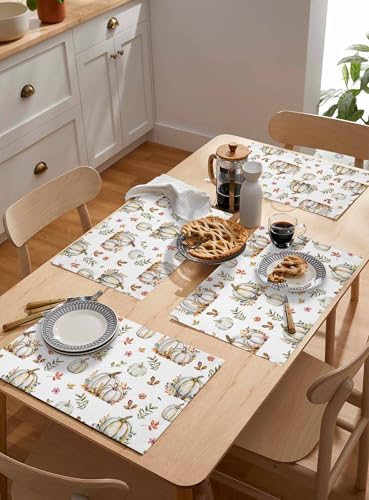 Fall Floral Leaves Placemats Set of 4, Thanksgiving Pumpkins Heat Resistant Washable Table Place Mats Boho Cotton Table Linens Party Holiday Decorations for Home Kitchen Dining Table Outdoor Indoor,