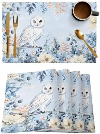 Blue Christmas Placemat 1PC, Winter Snowy Owl Poinsettia Eucalyptus Leaves Heat Resistant Washable Table Place Mats Cotton Table Linens Party Holiday Decor for Kitchen Dining Outdoor Indoor