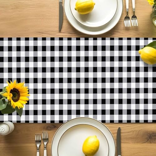 Farm Animals Chicken Table Runner Dresser Scarf 13 x 60 Inch Black White Buffalo Plaid Linen Table Runners Non-Slip Heat Resistant Kitchen Dining Table Decor for Home Holidays Indoor Outdoor