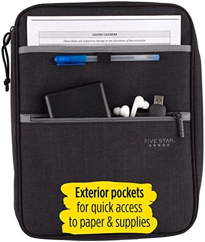 Five Star Zipper Binder, 1 Inch 3-Ring Binder with Round Rings, Carry-All with Pockets and 4-Tab Dividers, 375 Sheet Capacity, Black/Gray (29092IT8) (Pack of 8)