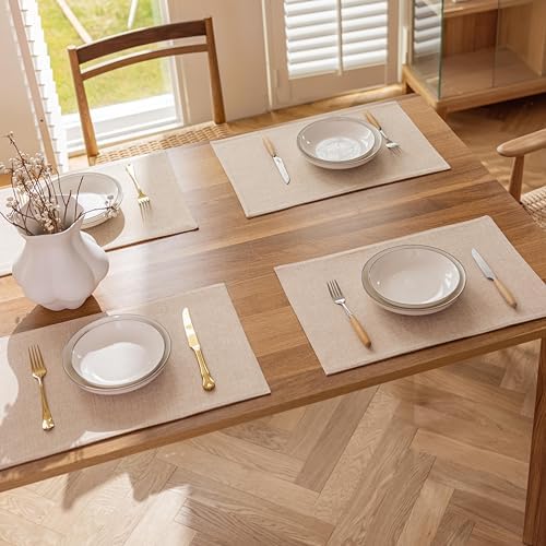 Demetex Linen Placemats Set of 4 Heat Resistant Cloth Placemats Table Place Mats Burlap Plate Mats for Dining Kitchen Banquet, Light Linen