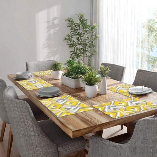 Batmerry Yellow and Gray Retro Ikat Pattern Linen Placemats Set of 8, Geometric Washable Table Mats for Kitchen Table Thickened Heat Insulation Dining Set Indoor Outdoor 12X18 in