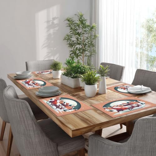 Batmerry Christmas Santa Claus Linen Placemats Set of 6, Reindeer Winter Cityscape Orange Washable Table Mats for Kitchen Table Thickened Heat Insulation Dining Set Indoor Outdoor 12X18 in