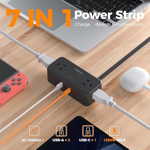 TESSAN Extension Cord 10 FT, Power Strip with 900J Surge Protection, Black