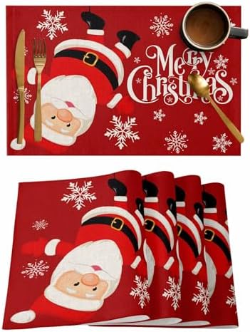 Red Merry Christmas Placemats Set of 6, Funny Hanging Santa Heat Resistant Washable Table Place Mats Snow Winter Holiday Cotton Table Linens Party Holiday Decor for Kitchen Dining Outdoor Indoor