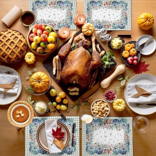 Fall Thanksgiving Placemat, Navy Blue Pumpkins Green Eucalyptus Leaves Heat Resistant Washable Table Place Mats Sage Farmhouse Plaid Table Linens Decor for Home Kitchen Dining Outdoor Indoor
