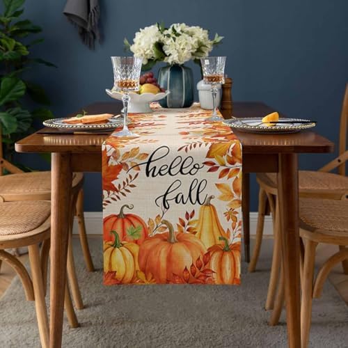 Fall Pumpkin Table Runner Dresser Scarf 13 x 108 Inch Harvest Orange Maple Leaves Table Runners Non-Slip Heat Resistant Kitchen Dining Table Decor for Autumn Thanksgiving Holidays Indoor Outdoor