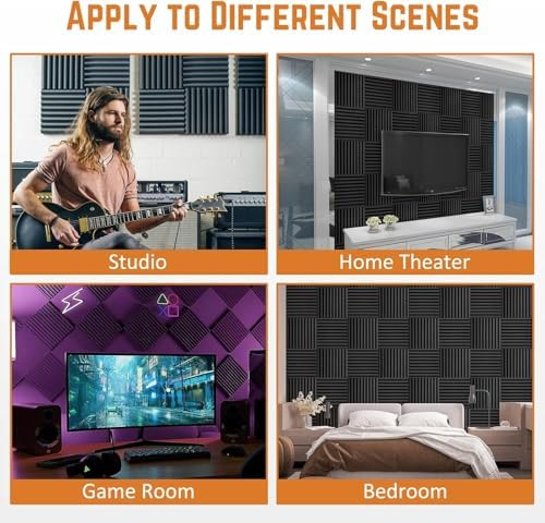 70 Pack Acoustic Foam Panels, 1" x 12"x 12" Sound Proof Foam Panels For Wall Fire Resistant, Noise Cancelling Dampening Sound Absorbing Black Wedge Panels For Studio Recording & Office & Home