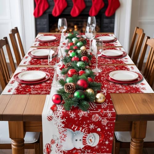 Christmas Placemats 1 Pack, Snowman Heat Resistant Washable Dining Table Mats Xmas Holiday Farmhouse Decor for Kitchen&Linens Outdoor Indoor, Snowflake Red Christmas Balls