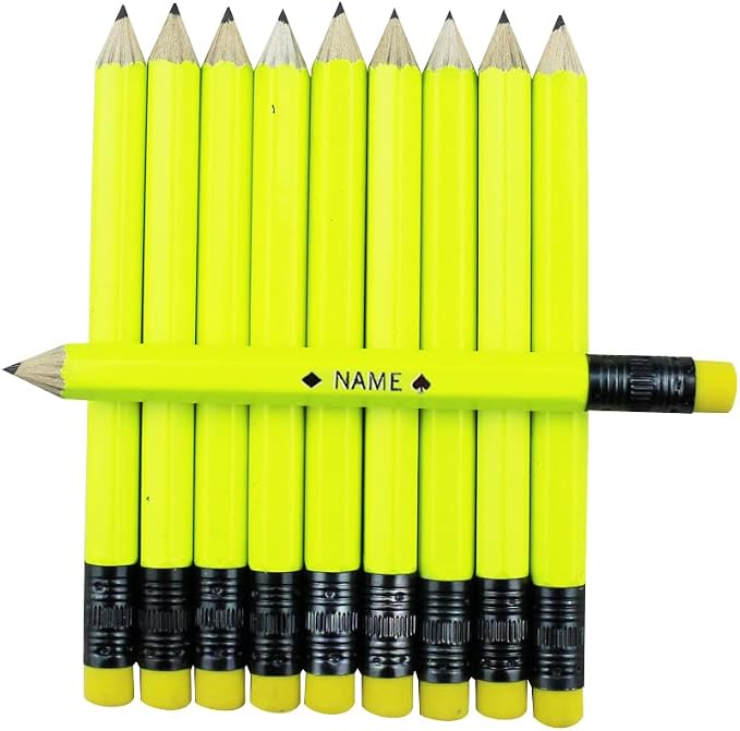 EZPENCILS & GIFTS - Golf Pencils Tipped with Eraser (1/2 a Pencil - Pew Pencils) - Neon Yellow Colored Barrel - FREE-PERSONALIZATION - 2HB Black Lead - Custom Text - Non-Smear Eraser – Package of 30