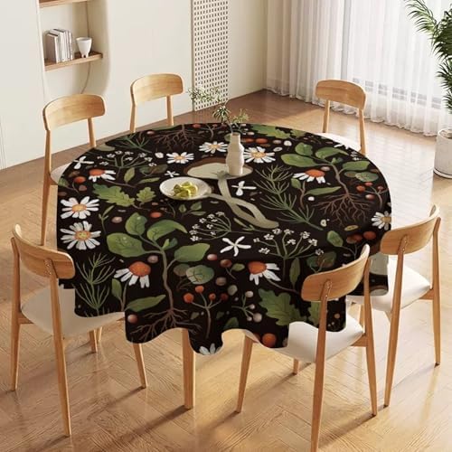 Wild Mushrooms Tablecloth, Rustic Chamomile Flowers Herbs Plants Retro Botanical Mushroom Natural Print Table Cover for Kitchen Dining Room Picnic Camping Indoor Outdoor, 50x50in