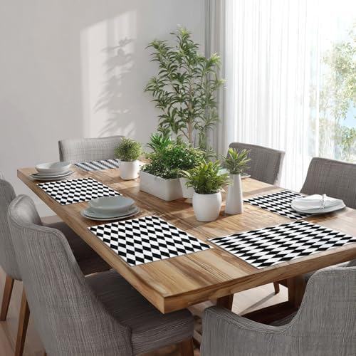 Batmerry Black White Diamond Linen Placemats Set of 8, Abstract Black and White Harlequin Washable Table Mats for Kitchen Table Thickened Heat Insulation Dining Set Indoor Outdoor 12X18 in