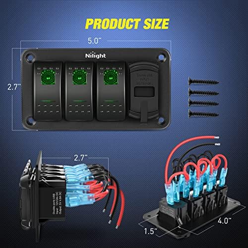 Nilight 3 Gang Rocker Switch Panel with 4.8 Amp Dual USB Charger Voltmeter Waterproof 12V 24V DC Night Glow Stickers for Cars Trucks Boats RVs